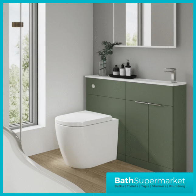 Modern I Series Satin Green Slimline Combination i Shape Vanity Unit & Reversible Basin 1100mm