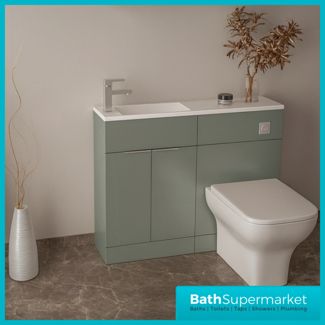 Modern I Series Satin Green Slimline Combination i Shape Vanity Unit & Reversible Basin 1100mm
