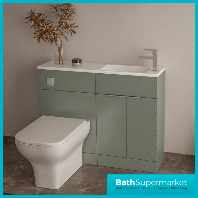 Modern I Series Satin Green Slimline Combination i Shape Vanity Unit & Reversible Basin 1100mm