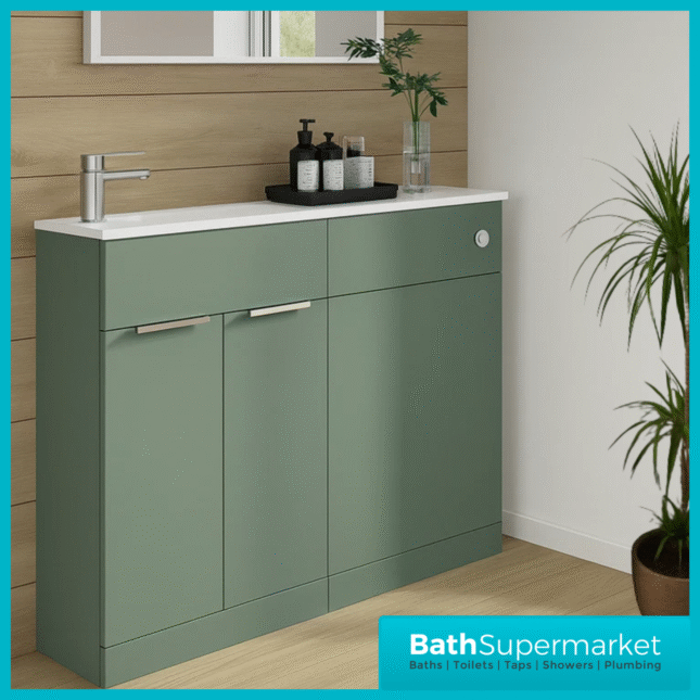 Modern I Series Satin Green Slimline Combination i Shape Vanity Unit & Reversible Basin 1100mm