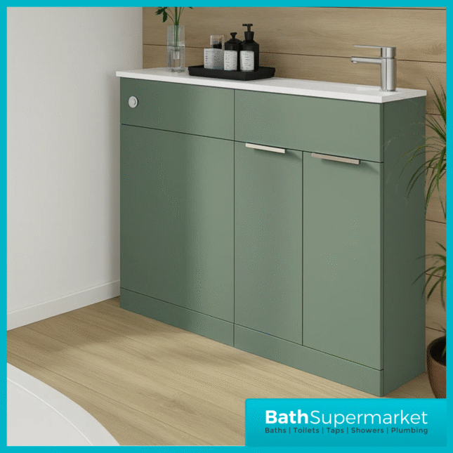 Modern I Series Satin Green Slimline Combination i Shape Vanity Unit & Reversible Basin 1100mm