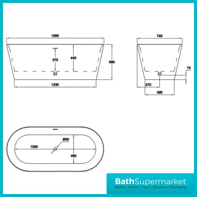 Bainlo Pacha Fluted Matt Black Designer Freestanding Double Ended Bath 1600mm x 740mm