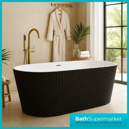 Bainlo Pacha Fluted Matt Black Designer Freestanding Double Ended Bath 1600mm x 740mm