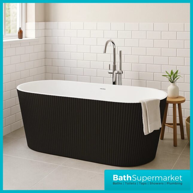 Bainlo Pacha Fluted Matt Black Designer Freestanding Double Ended Bath 1600mm x 740mm
