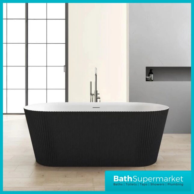 Bainlo Pacha Fluted Matt Black Designer Freestanding Double Ended Bath 1600mm x 740mm
