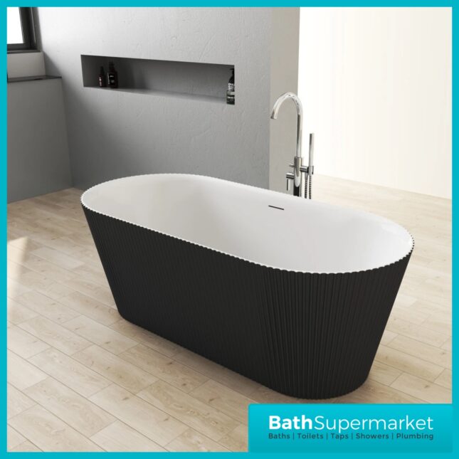 Bainlo Pacha Fluted Matt Black Designer Freestanding Double Ended Bath 1600mm x 740mm