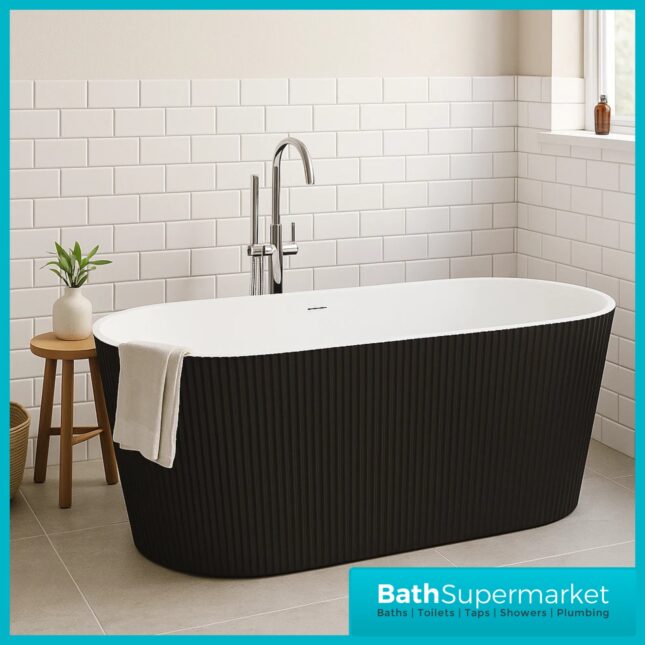Bainlo Pacha Fluted Matt Black Designer Freestanding Double Ended Bath 1600mm x 740mm