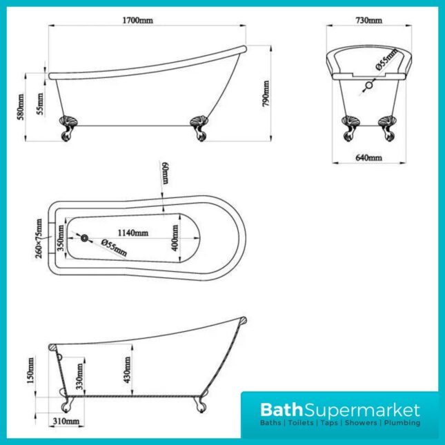 Bainlo Alexander Traditional Black Freestanding Slipper Bath With Roll Top Legs 1700mm