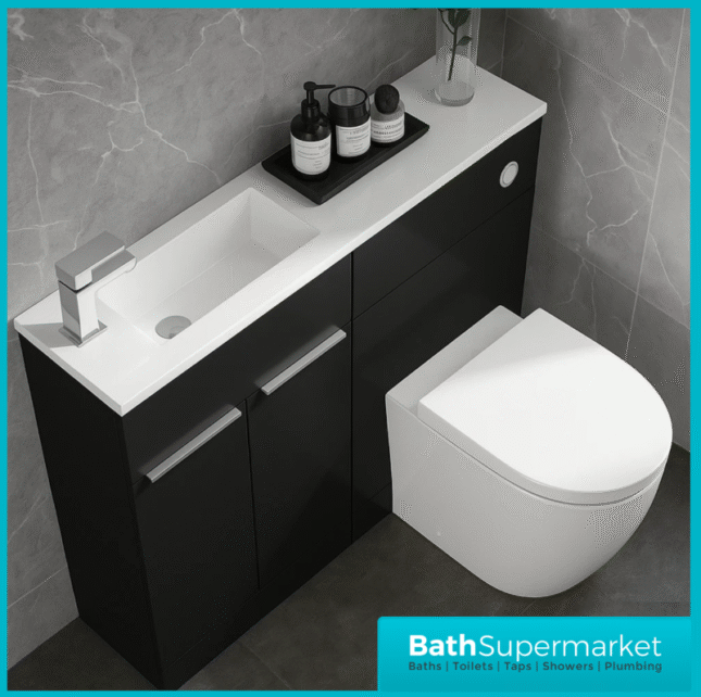 Modern I Series Matt Black Slimline Combination i Shape Vanity Unit & Reversible Basin 1100mm