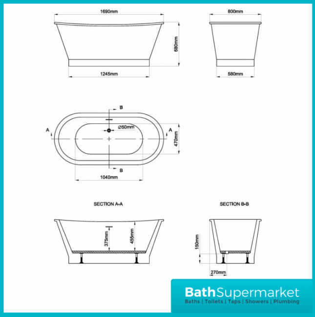 Bainlo Ezra Copper Effect Designer Freestanding Double Ended Bath 1690mm x 800mm